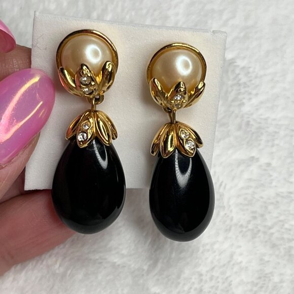 Vintage-Inspired Gold Tone Faux Pearl & Black Drop Earrings With Rhinestone Acce - Picture 3 of 4